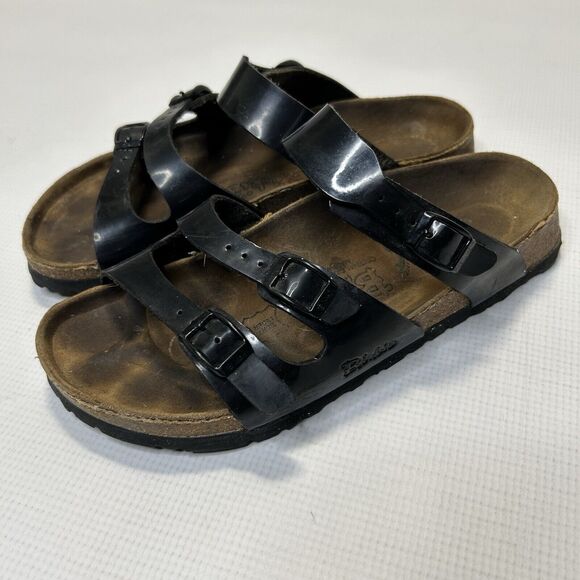 Birkis Florida Black Patent Leather Triple Strap Slide Sandals Women Size 7 EU38 - Picture 1 of 13